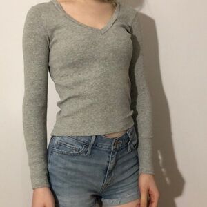 Gray Ribbed V-Neck Top